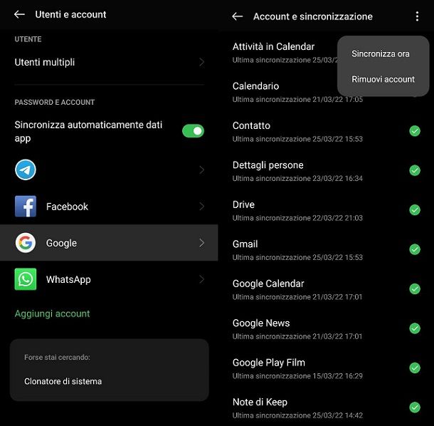 Sincronizzazione dati account Google Android