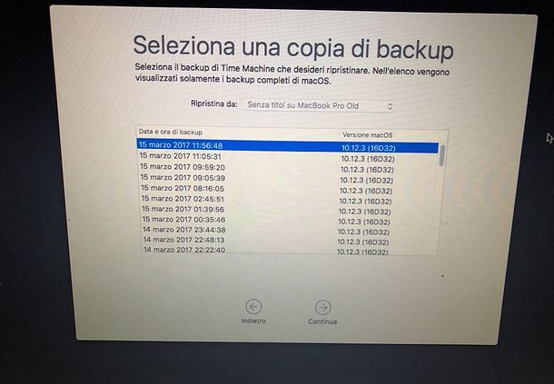 Selezione backup Time Machine