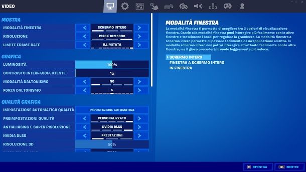 Cambiare impostazioni gioco Fortnite