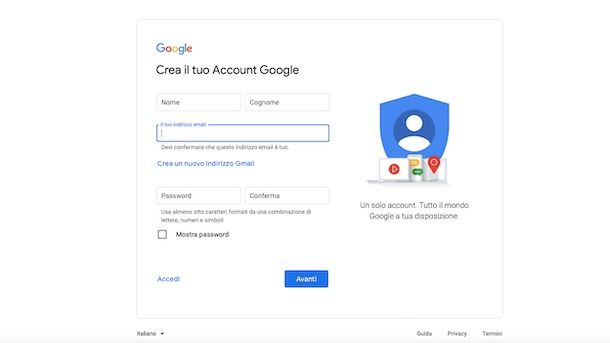 Creazione account Google senza Gmail