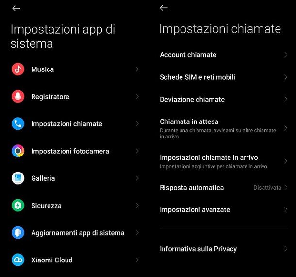 Impostazioni chiamate in arrivo Xiaomi