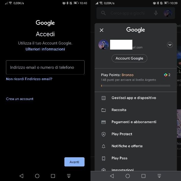 Come accedere all'account Google su Play Store