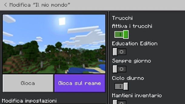 Attiva i trucchi Minecraft Bedrock partita già creata