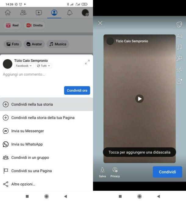 Condividere diretta nelle storie facebook