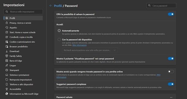 Password salvate su Edge