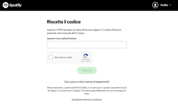 Spotify riscatto buono regalo