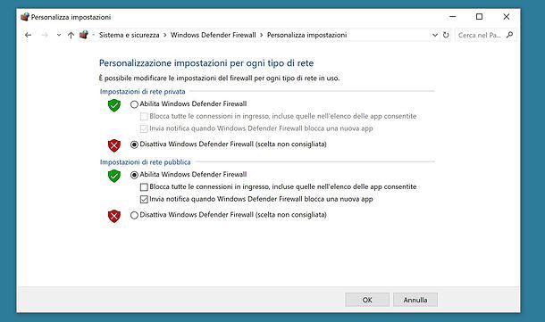 Come disattivare firewall Windows 10