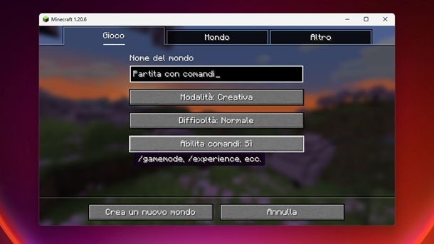 Partita con comandi Minecraft