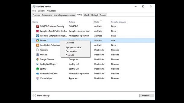 Disabilitare programmi avvio Windows 10