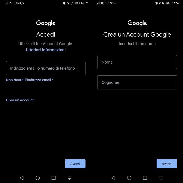 Creare account Google su Android