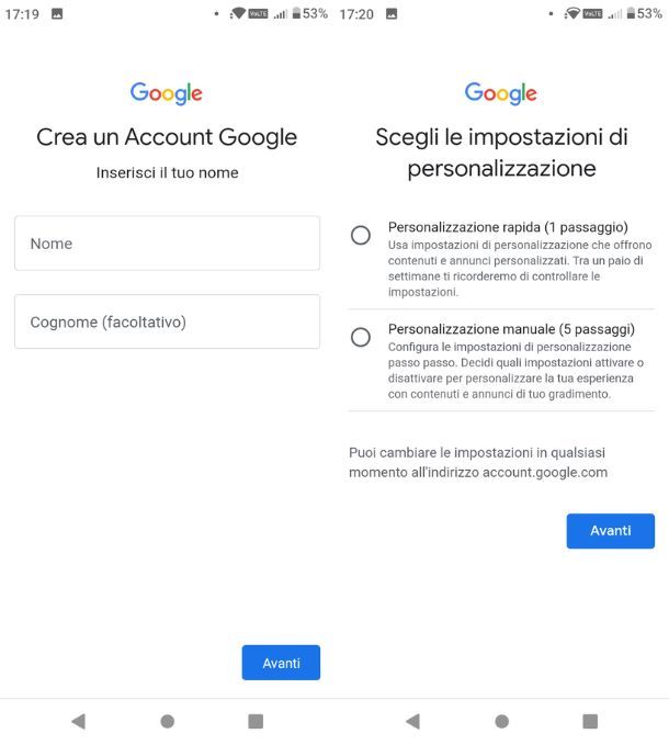 Creazione account Google Android
