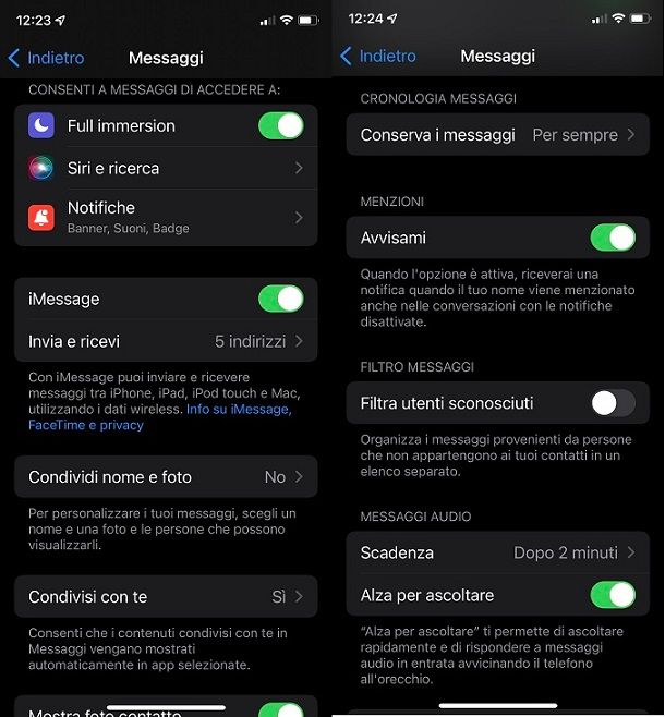 Impostazioni iOS Messaggi