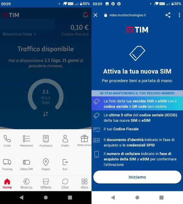 Attivazione SIM da app