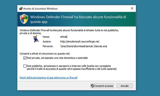 Consenti accesso nel firewall di Windows 10