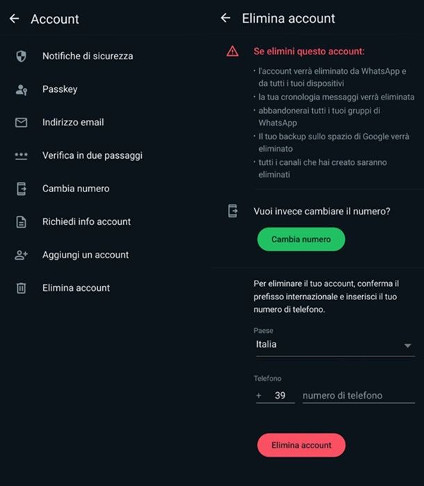 Eliminare account WhatsApp Android