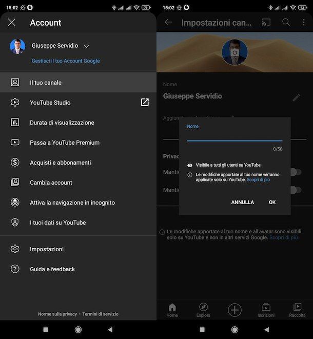 Cambiare nome canale YouTube