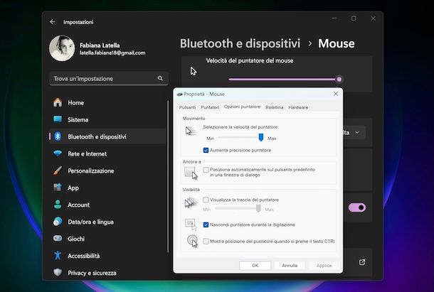 Aumentare velocità del mouse Windows 11