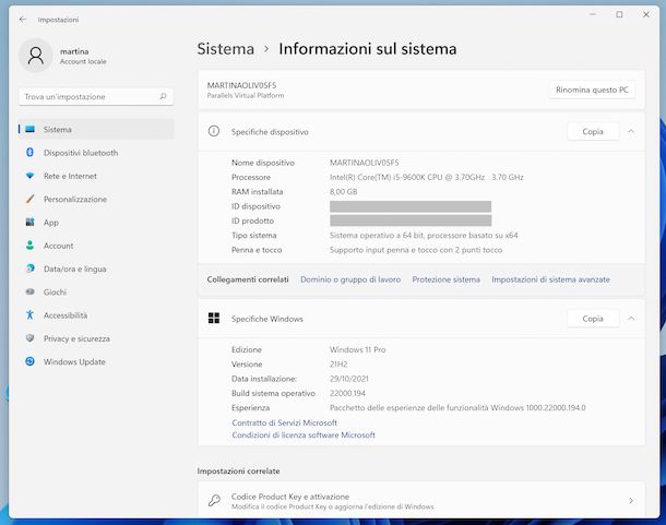 Informazioni sul sistema Windows 11