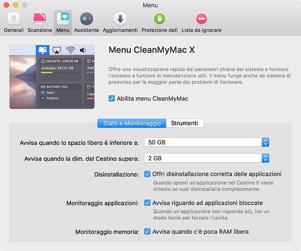 Impostazioni Menu di CleanMyMac X