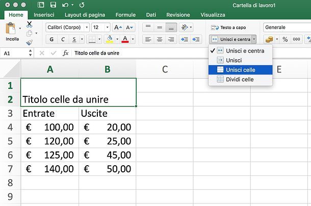 Come unire celle in Excel