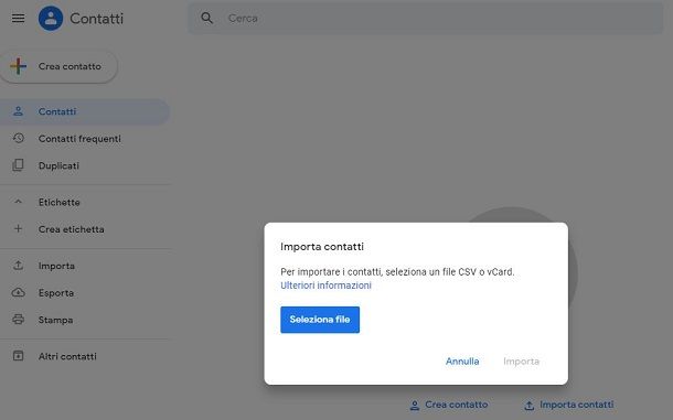 Importazioni contatti su Gmail in VCF