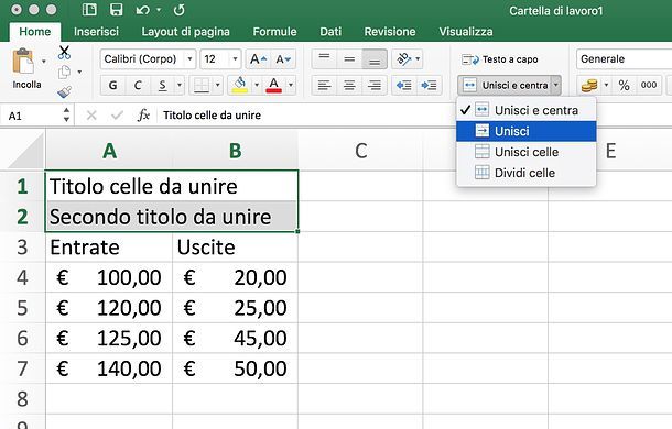 Come unire celle in Excel