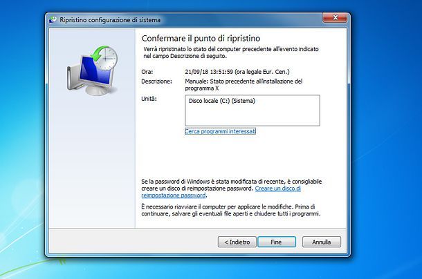 Come creare punto di ripristino Windows 7