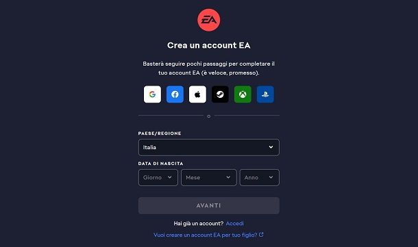 Come creare un account EA