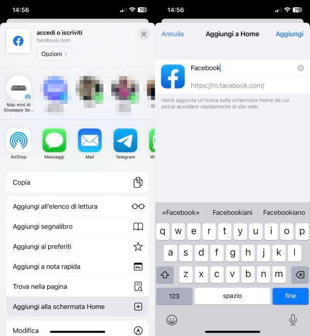 Creare un icona di Facebook nella Home screen di iOS/iPadOS