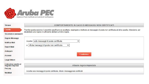 Pannello di gestione della PEC Aruba