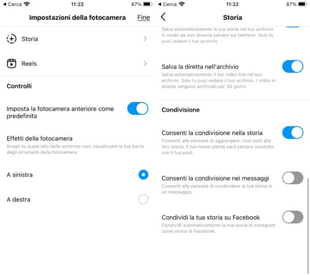 Opzioni condivisione storia Instagram