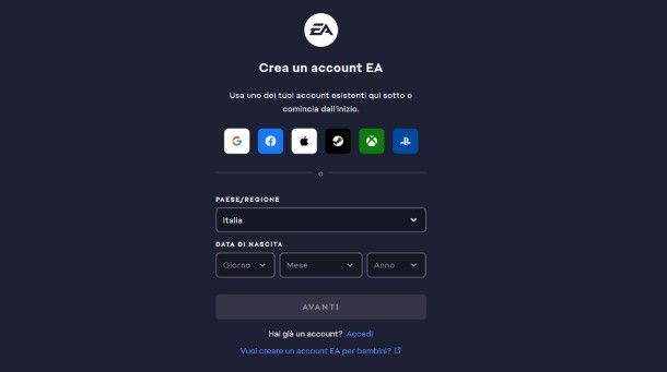 Come creare un account EA