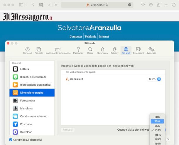 Rimpicciolire pagina Web Safari