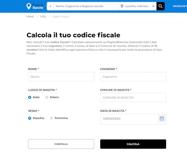 Codice fiscale Pagine Bianche