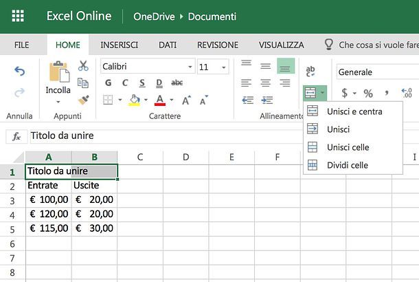 Come unire celle Excel online