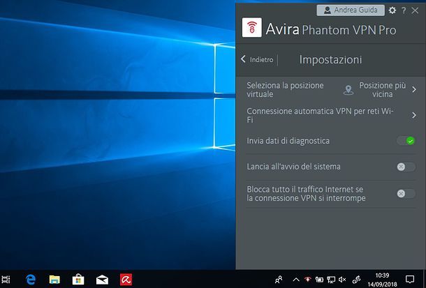 Impostazioni di Avira Phantom VPN