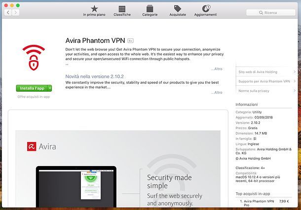 Installazione di Avira Phantom VPN Free su Mac