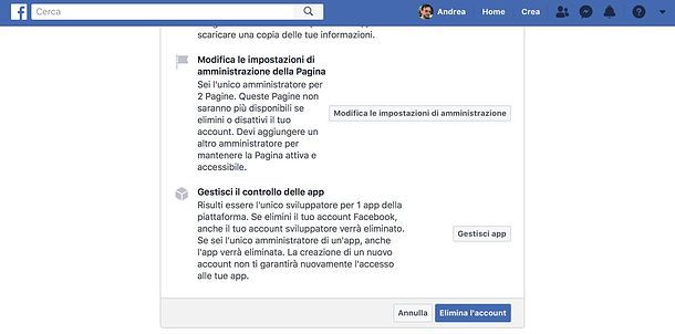 Come cancellare account Facebook