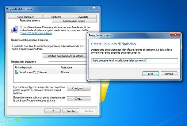 Come creare punto di ripristino Windows 7