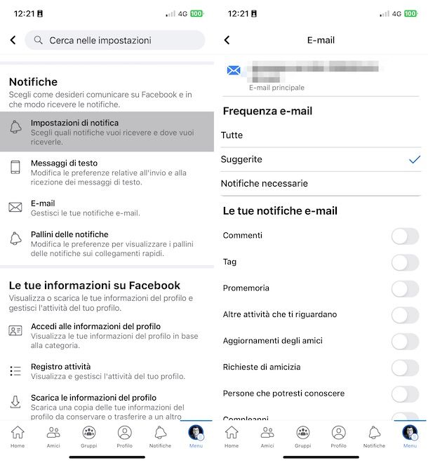 Disattivare le notifiche di Facebook via email da mobile