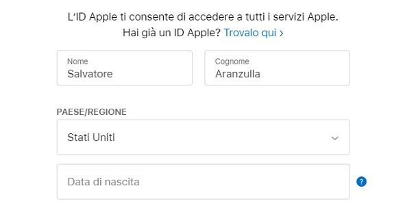 Registrare ID Apple estero Stati Uniti