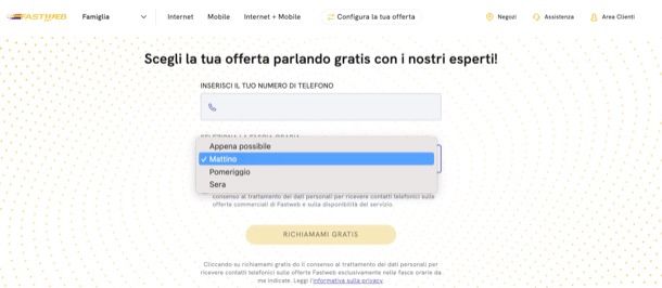 Modulo ricontatto commerciale di Fastweb