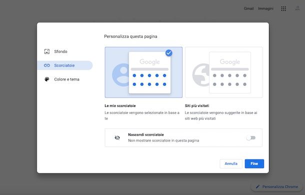 Personalizzazione pagina iniziale Google Chrome