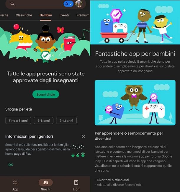 Sezione Bambini Play Store Giochi gratis