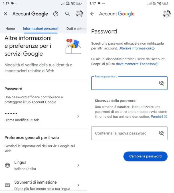 Cambiare password Gmail