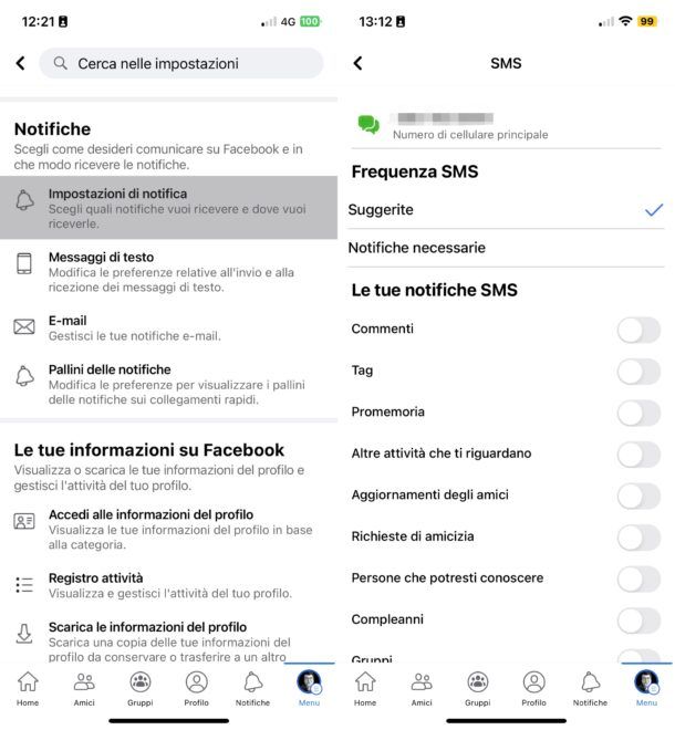 Disattivare ricezione di notifiche Facebook via SMS