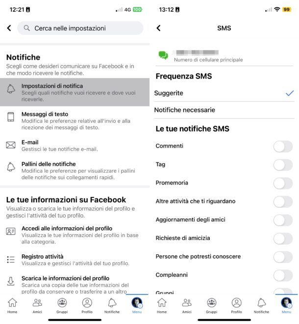 Disattivare ricezione di notifiche Facebook via SMS