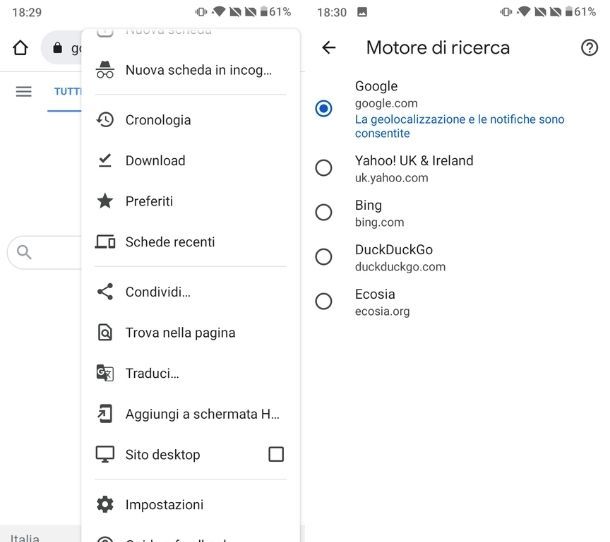 Chrome smartphone settings