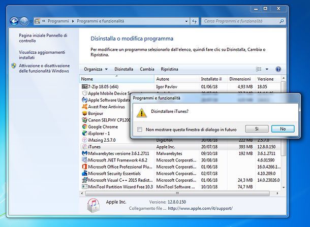 Disinstallare iTunes