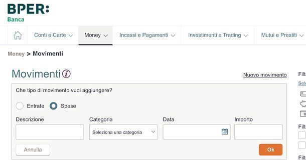 Aggiunta movimento in Money di BPER Banca